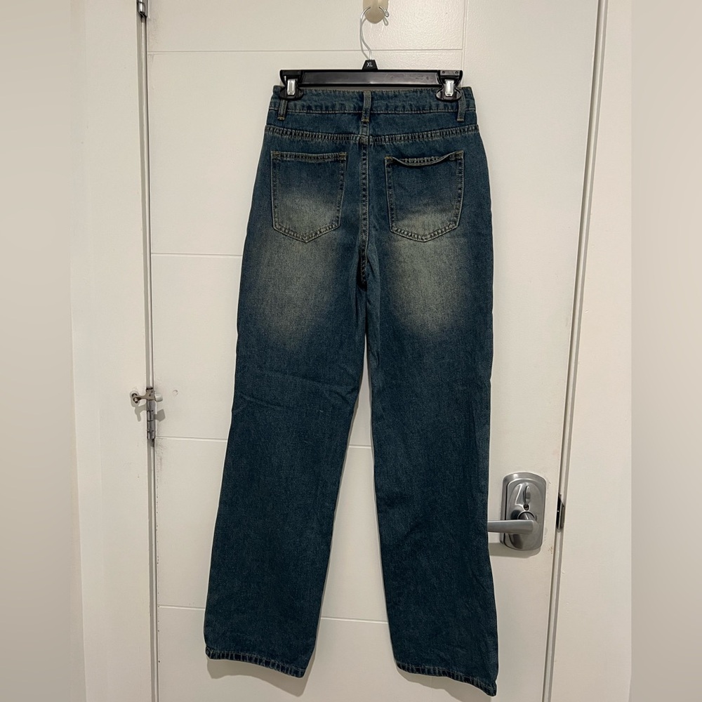 Washed Dark Blue Wide-Leg Distressed Women’s Jeans - Picture 4 of 4